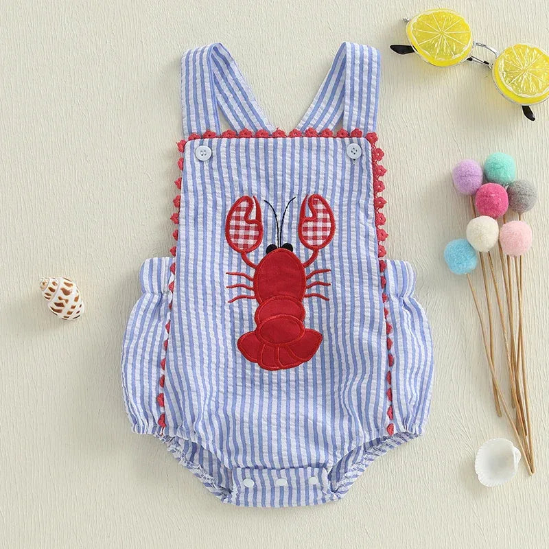 baby blue and white seersucker blue romper with red lobster applique and red trim for infants