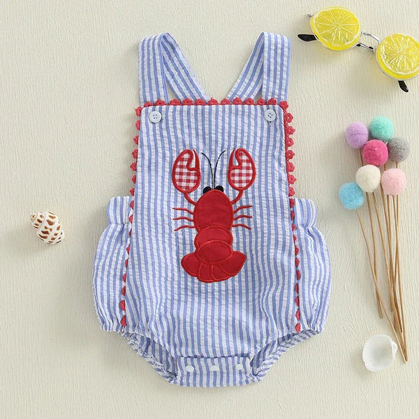 baby blue and white seersucker blue romper with red lobster applique and red trim for infants