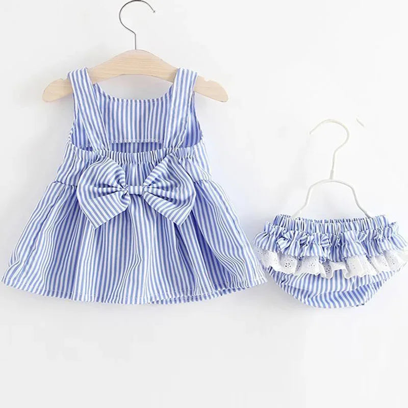 baby blue and white striped seersucker dress with bow and matching ruffled diaper cover