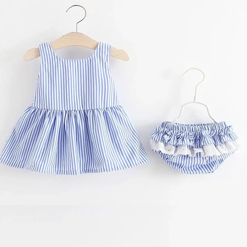 baby blue and white striped seersucker dress with matching ruffled diaper cover for infants