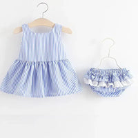 baby blue and white striped seersucker dress with matching ruffled diaper cover for infants