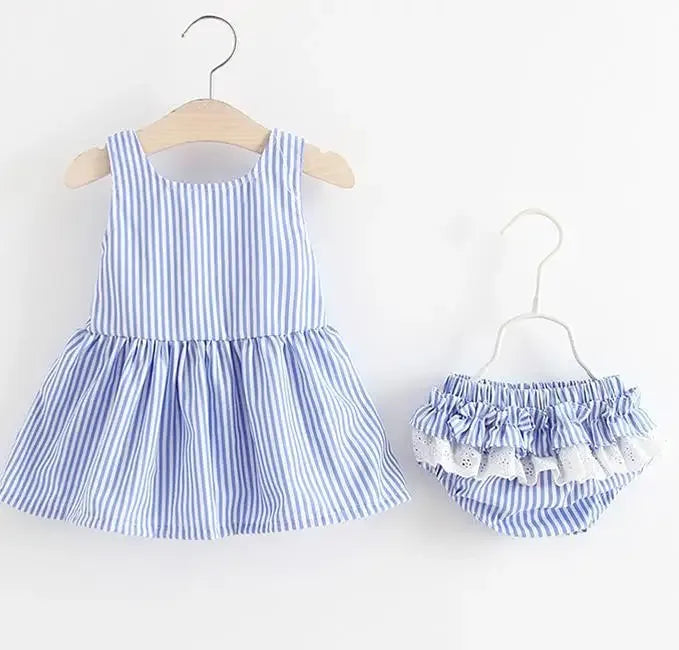 baby blue and white striped seersucker dress and matching ruffled diaper cover for infants