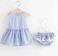 baby blue and white striped seersucker dress and matching ruffled diaper cover for infants