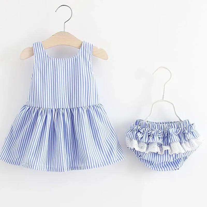 blue and white striped baby seersucker dress and matching bloomers with lace trim