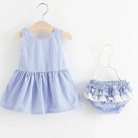blue and white striped baby seersucker dress and matching bloomers with lace trim