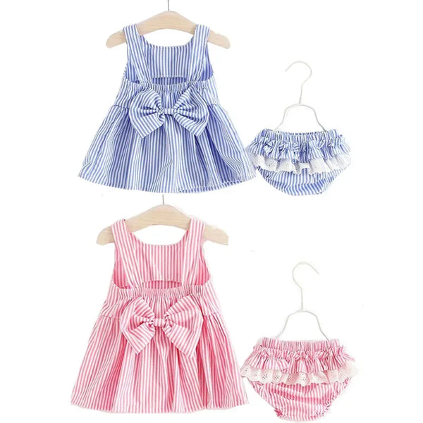 Blue and pink striped seersucker dress sets for babies with matching ruffled bloomers and bow detail