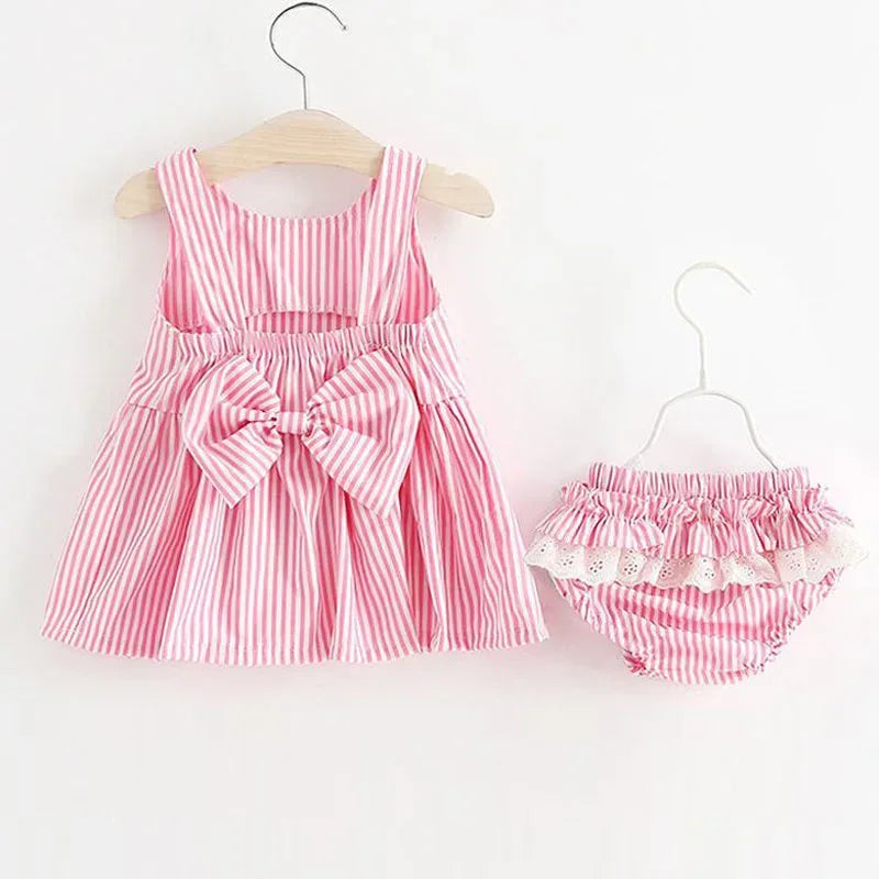 baby girls pink seersucker dress and matching diaper cover with bow detail size 0-12 months