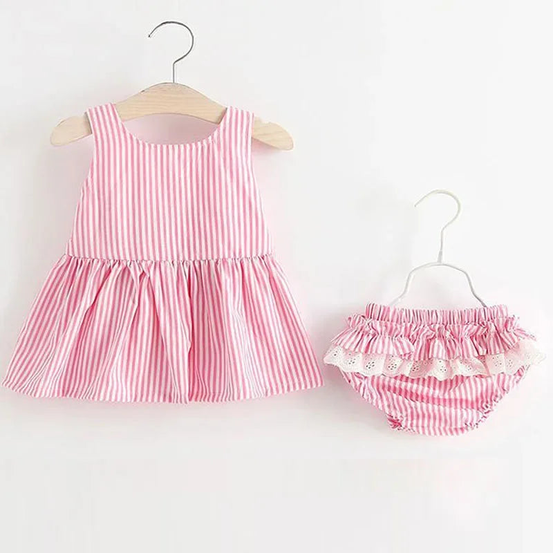 pink and white striped baby girls seersucker dress and matching ruffle diaper cover outfit