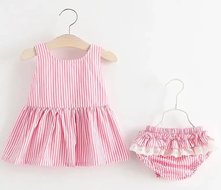 Pink and white striped baby girls seersucker dress with matching ruffled bloomers