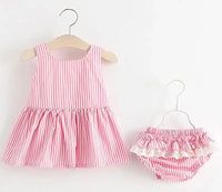 Pink and white striped baby girls seersucker dress with matching ruffled bloomers