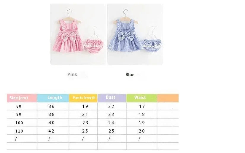 Girls pink and blue seersucker dress with matching bloomers for babies, sleeveless with bow detail