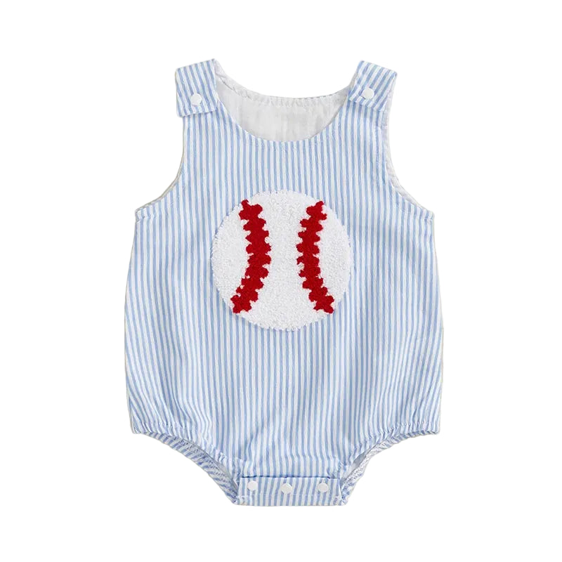 baby blue and white striped seersucker romper women's style with red baseball applique, sleeveless infant size