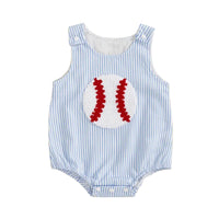 baby blue and white striped seersucker romper women's style with red baseball applique, sleeveless infant size
