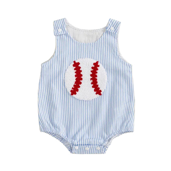 baby blue and white striped seersucker romper women's style with red baseball applique, sleeveless infant size