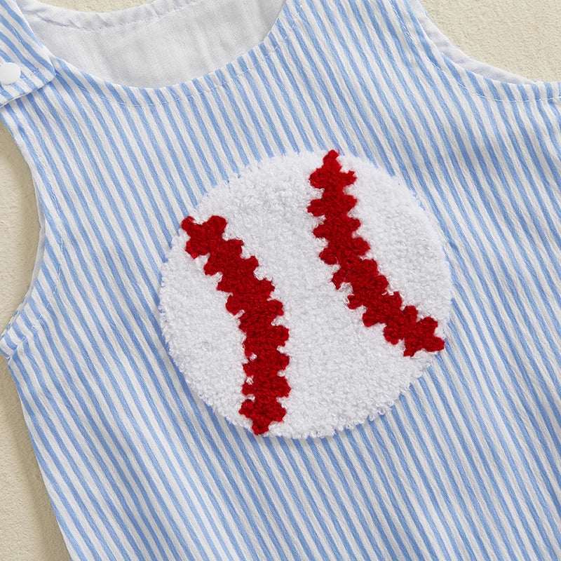 Blue and white striped baby romper with red and white baseball applique on front seersucker romper women's