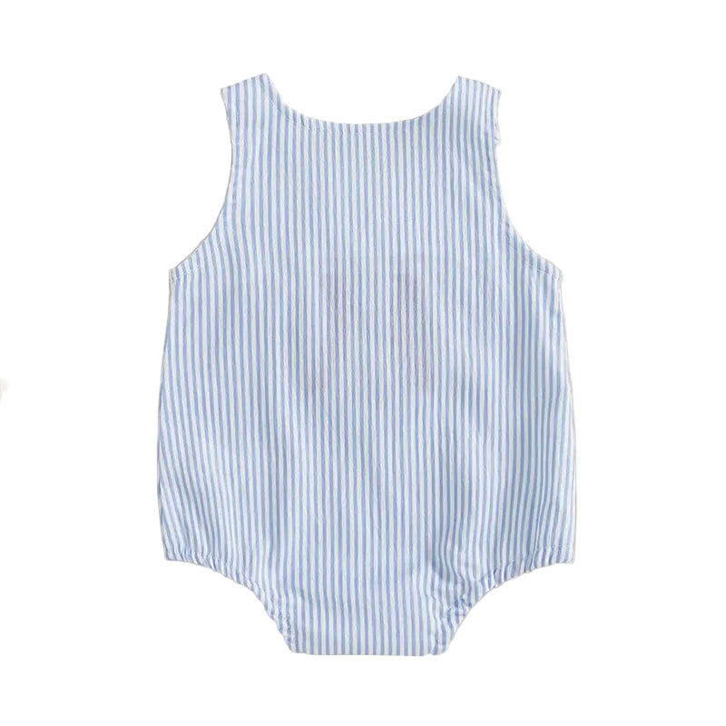 baby romper in blue and white stripes with sleeveless design and elastic leg openings