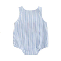 baby romper in blue and white stripes with sleeveless design and elastic leg openings