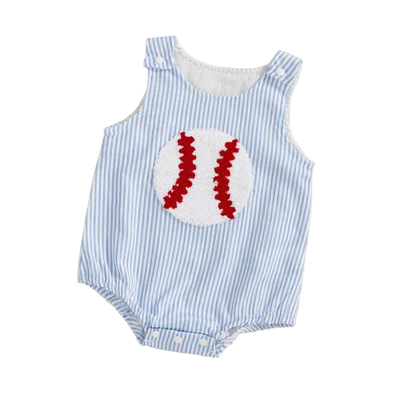 baby blue and white striped seersucker romper with red and white baseball applique for infants