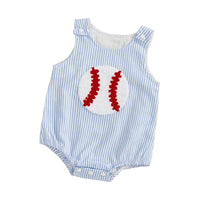 baby blue and white striped seersucker romper with red and white baseball applique for infants