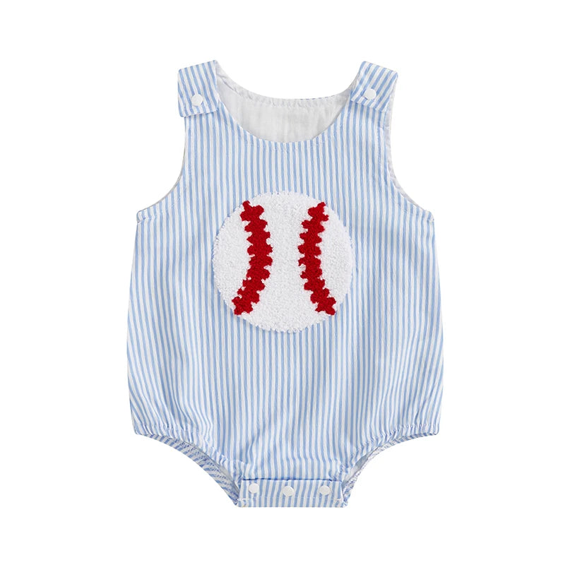 baby blue and white striped seersucker romper women's with red baseball appliqué and snap closures