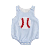 baby blue and white striped seersucker romper women's with red baseball appliqué and snap closures