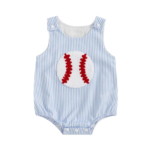 baby blue and white striped seersucker romper women's with red baseball appliqué and snap closures