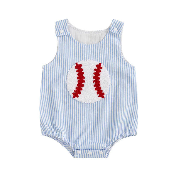 baby blue and white striped seersucker romper women's with red baseball appliqué and snap closures
