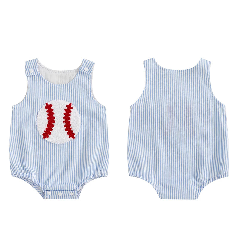 Baby romper in blue and white stripes with baseball appliqué, sleeveless seersucker romper women's style