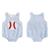 Baby romper in blue and white stripes with baseball appliqué, sleeveless seersucker romper women's style