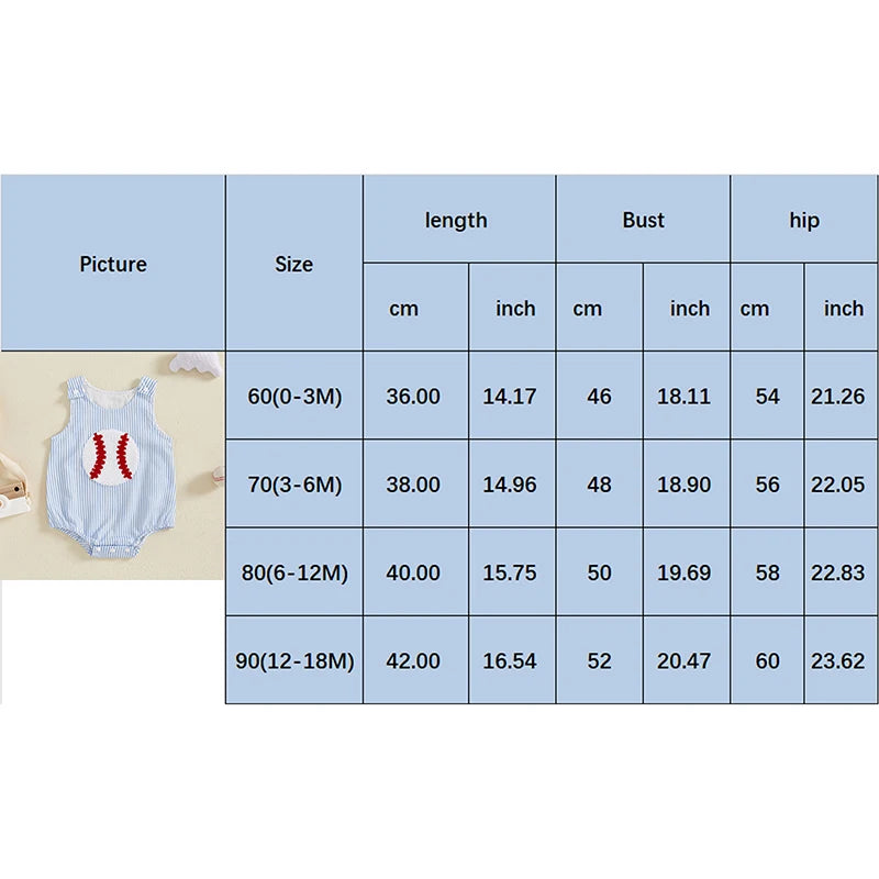Light blue baby romper with red baseball stitch design, suitable for 0 to 18 months infants