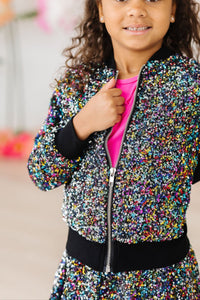 girls multicolor sequin jacket by Mila & Rose with black trim and zipper closure