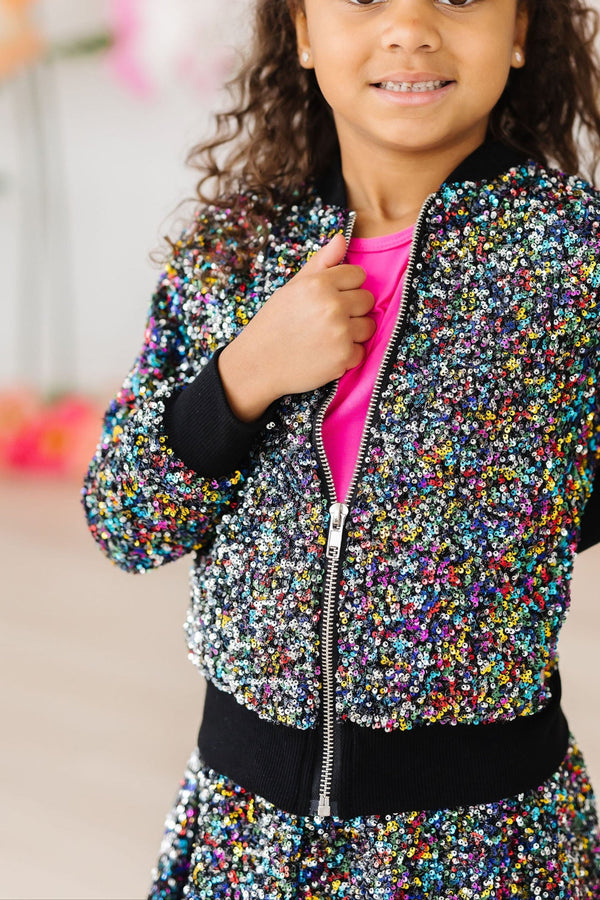 girls multicolor sequin jacket by Mila & Rose with black trim and zipper closure