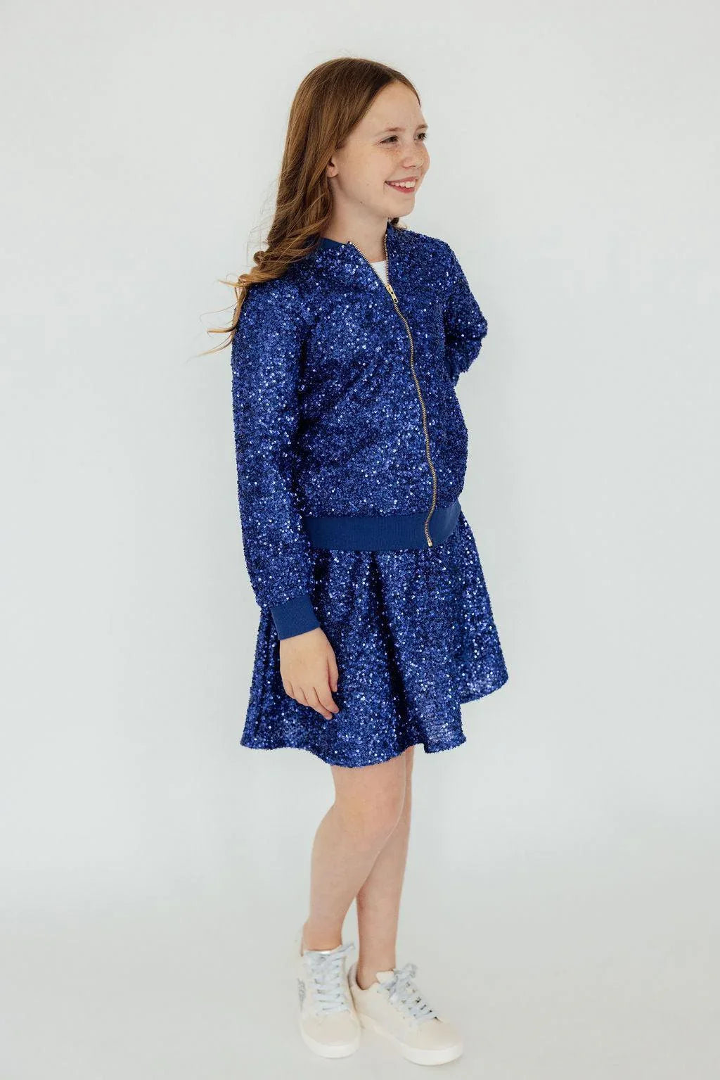 Girls blue sequin jacket with long sleeves and zipper by Mila & Rose