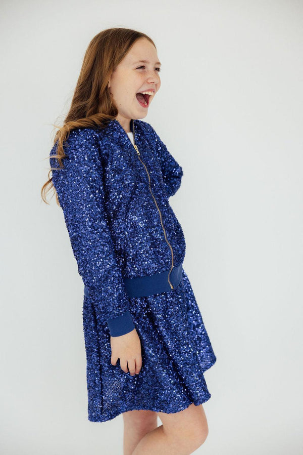 girls blue sequin jacket with long sleeves and zipper by Mila & Rose