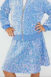 Girls blue sequin jacket with long sleeves and matching skirt by Mila & Rose