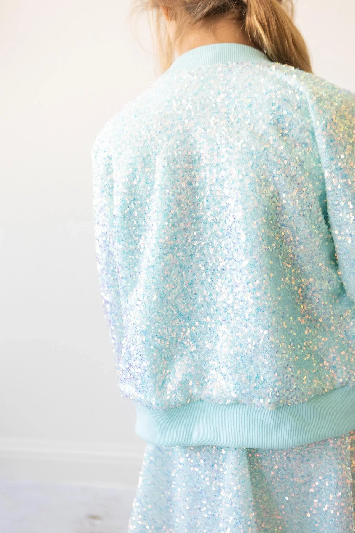 girls light blue sequin jacket by Mila & Rose, long sleeve with glittery shimmer