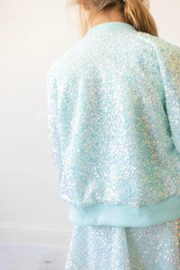 girls light blue sequin jacket by Mila & Rose, long sleeve with glittery shimmer