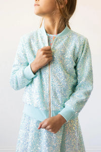 Girls light blue sequin jacket by Mila & Rose, long sleeve with zipper closure
