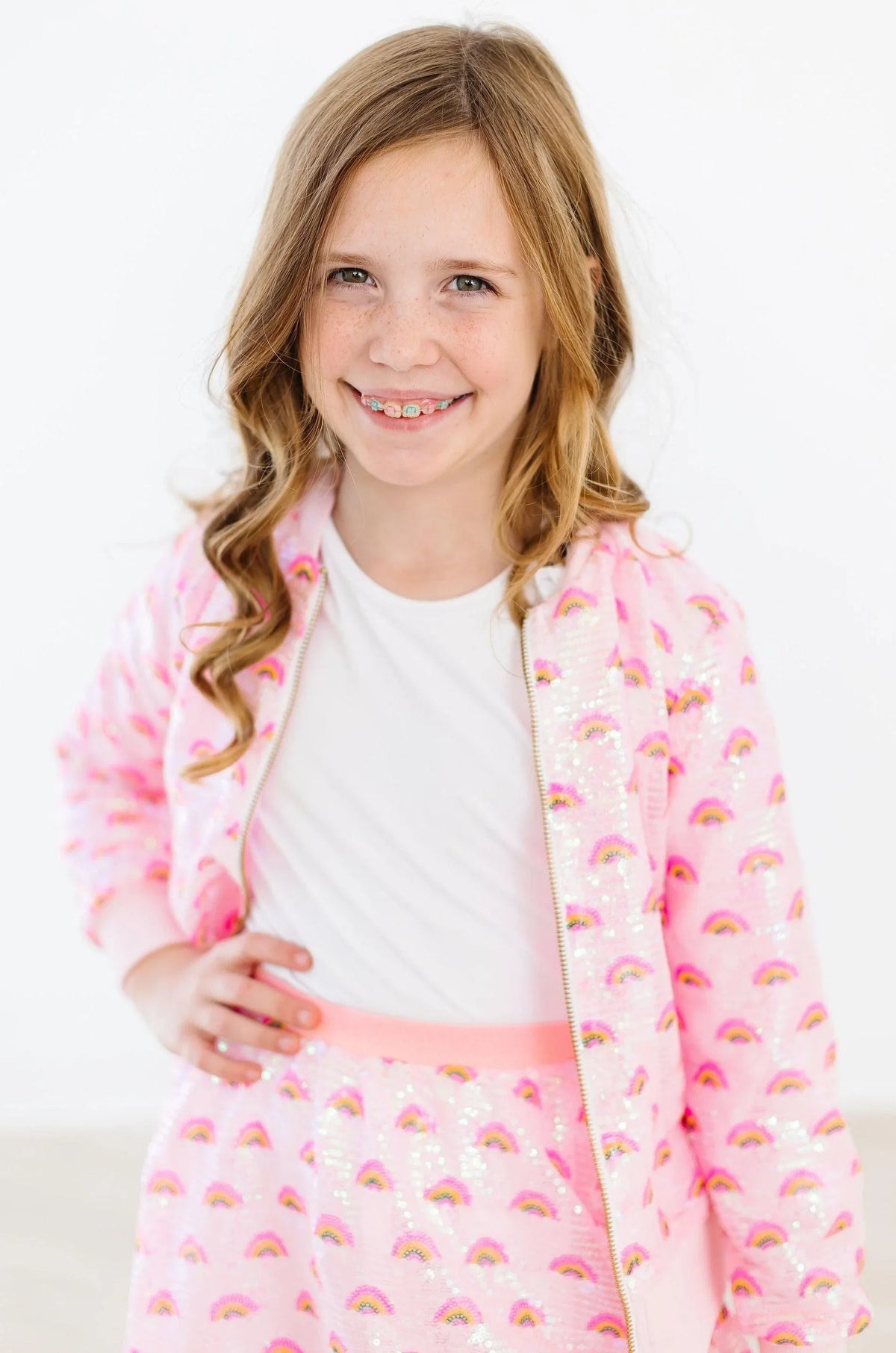 Girls pink sequin jacket with rainbow pattern by Mila & Rose, long sleeve, size for kids
