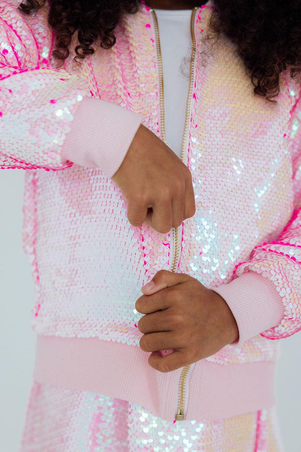 Girls pink sequin jacket with zip front and ribbed cuffs by Mila & Rose