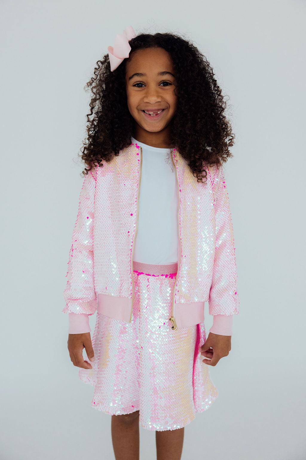 girls pink sequin jacket by Mila & Rose, long sleeve with zip front and matching skirt