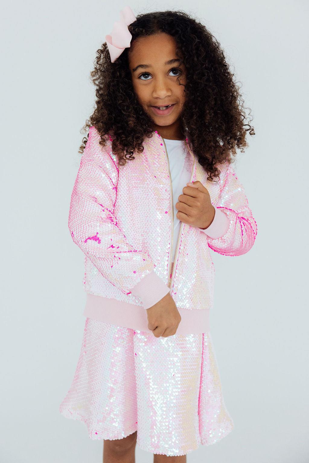 girls pink sequin jacket by Mila & Rose with long sleeves and shimmering sequins