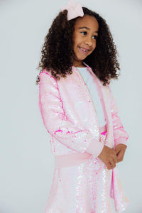 girls pink sequin jacket by Mila & Rose with long sleeves and ribbed cuffs