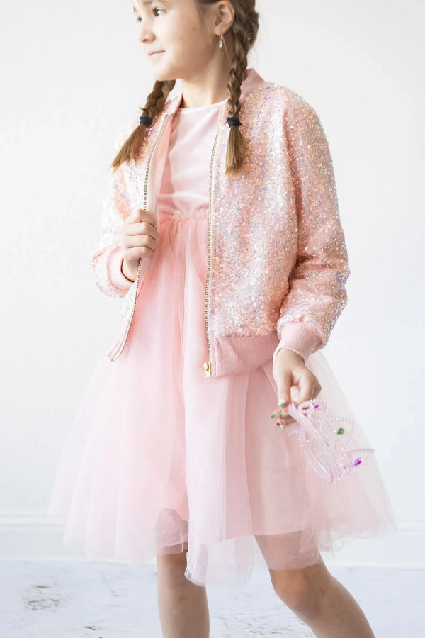 Girls pink sequin jacket long sleeve with gold zipper by Mila and Rose