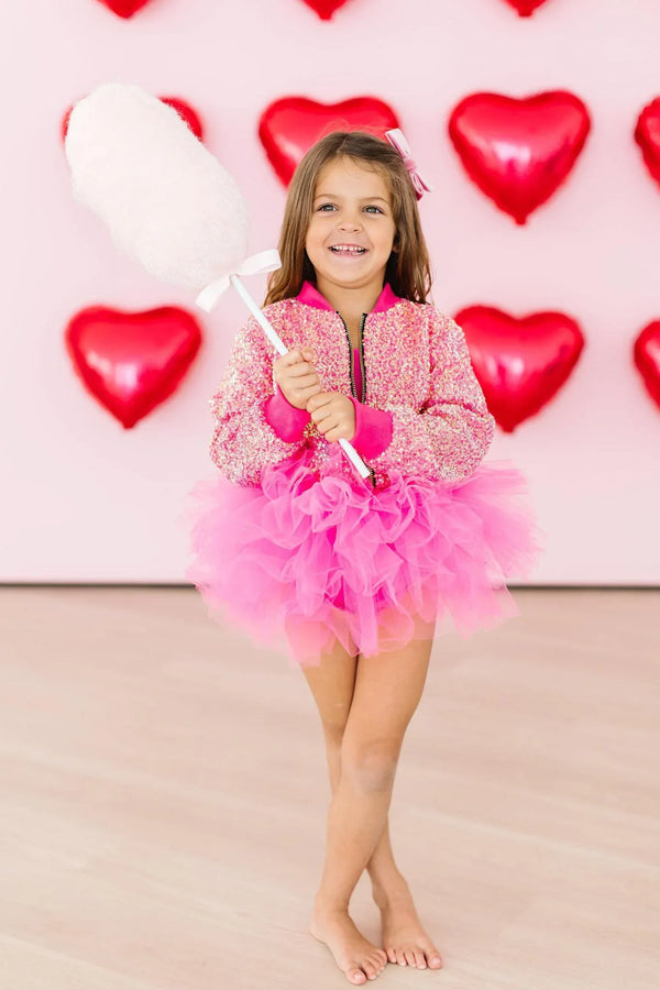 Girls pink sequin jacket by Mila & Rose with long sleeves and zipper front