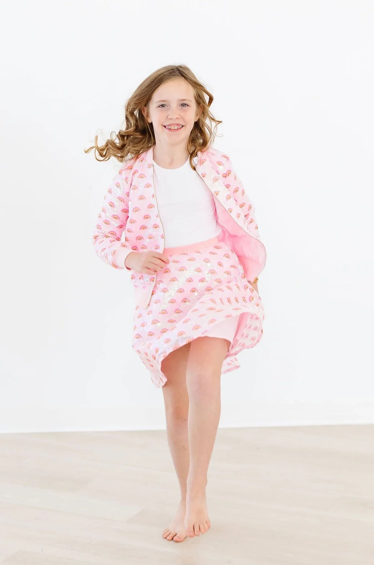 Girls pink sequin jacket with heart pattern by Mila and Rose, long sleeve and soft lining