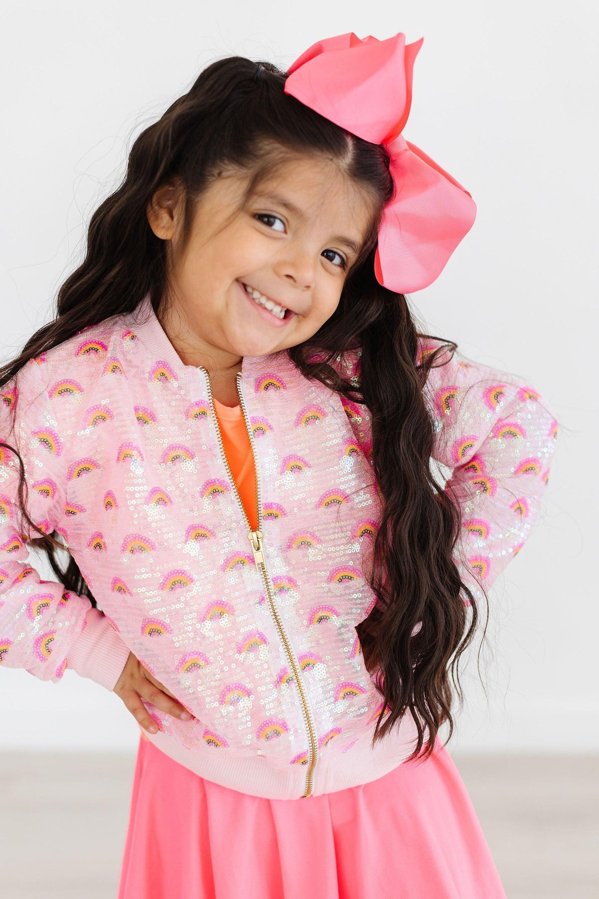 Girls pink sequin jacket with rainbow pattern and long sleeves by Mila & Rose