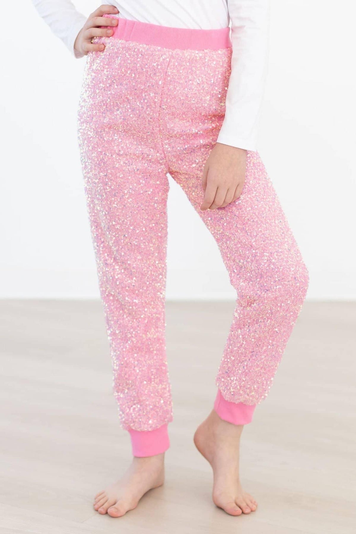 Girls pink sequin joggers with elastic waistband and cuffs from Mila & Rose