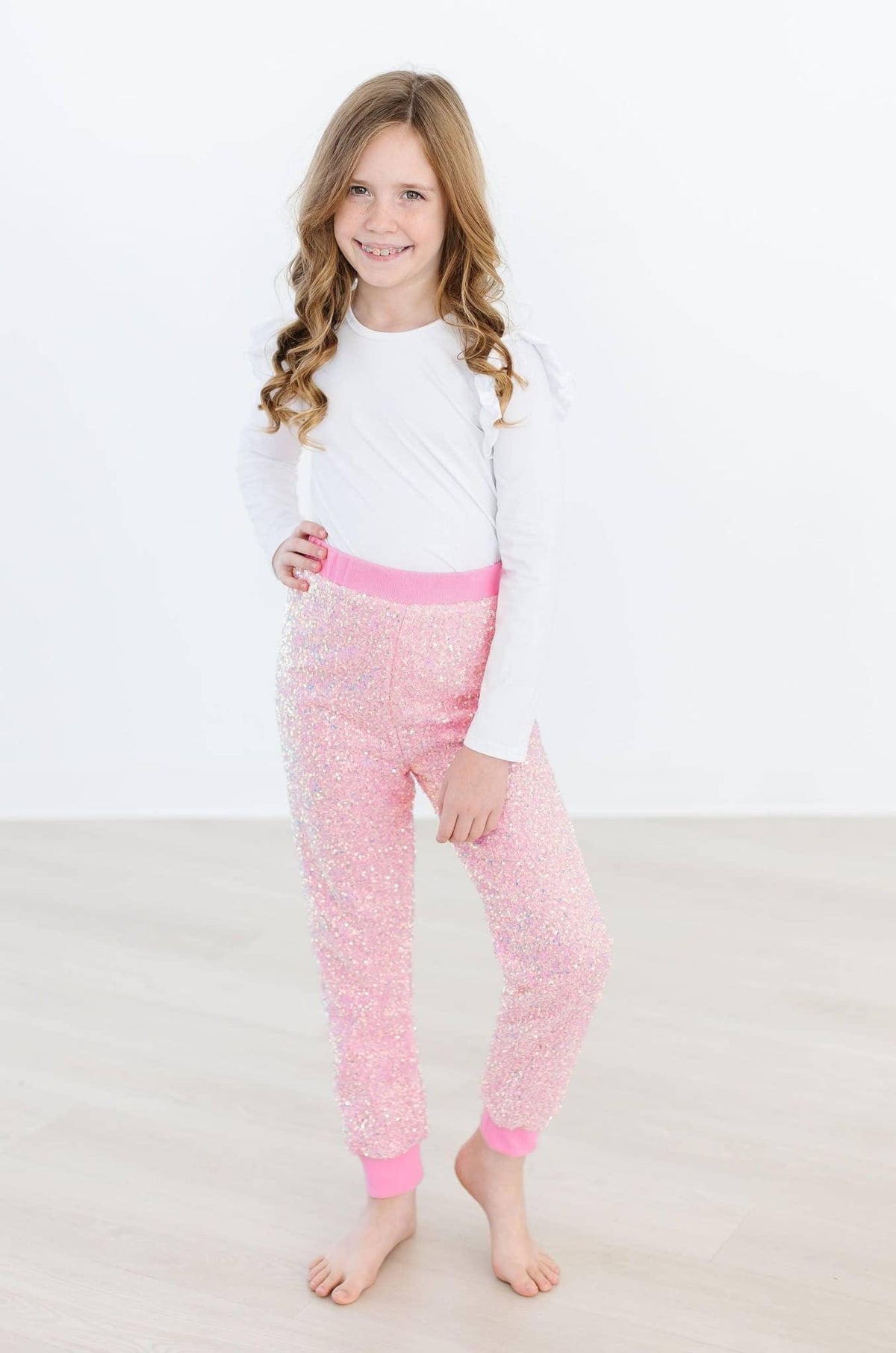 Girls pink sequin joggers with elastic waistband and cuffs by Mila & Rose