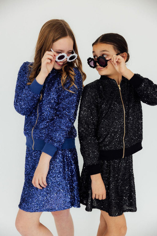 Girls blue and black sequin skorts with matching sequin jackets, long sleeve, by Mila & Rose